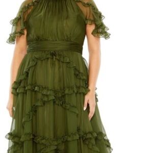 Mac Duggal High Neck Ruffle Tiered Flutter Sleeve Gown